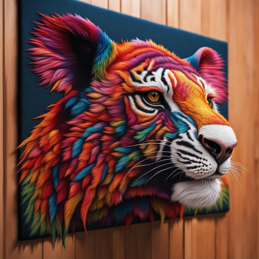 Vibrant 3D Embroidered Tiger Wall Hanging
