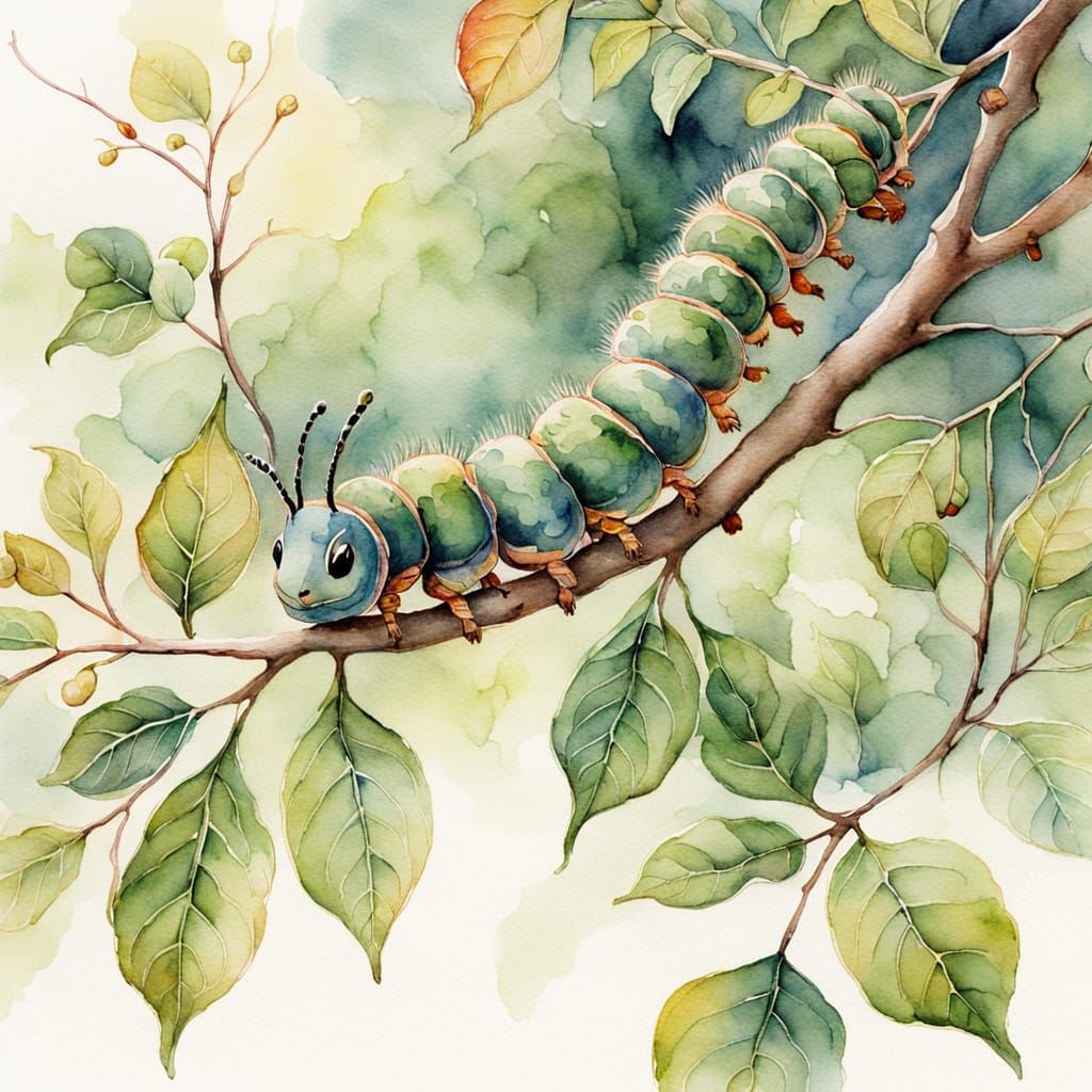 Whimsical Caterpillar Watercolor on Tree Branch