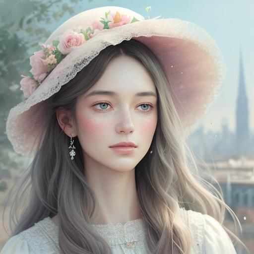 Woman in Floral Hat: Whimsical Watercolor Portrait