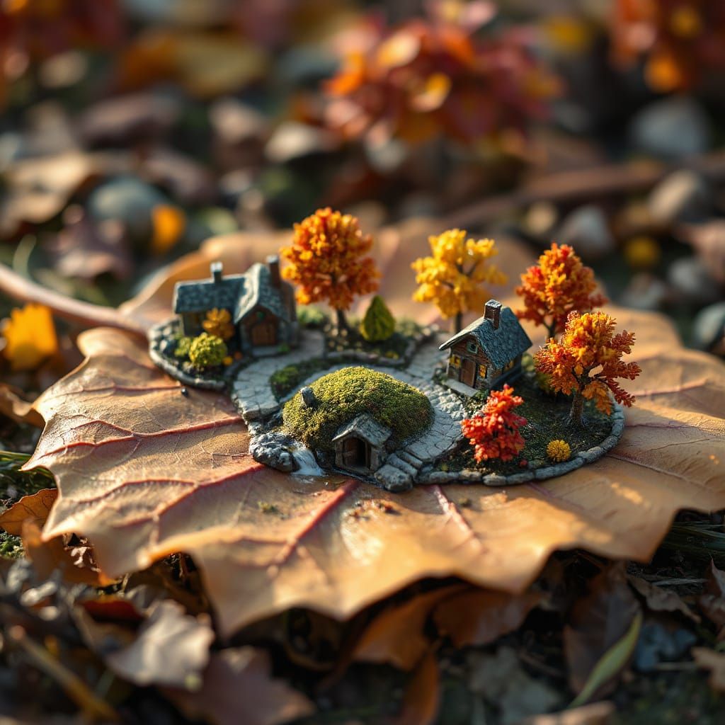 Cozy Autumn Village Diorama on a Fallen Leaf