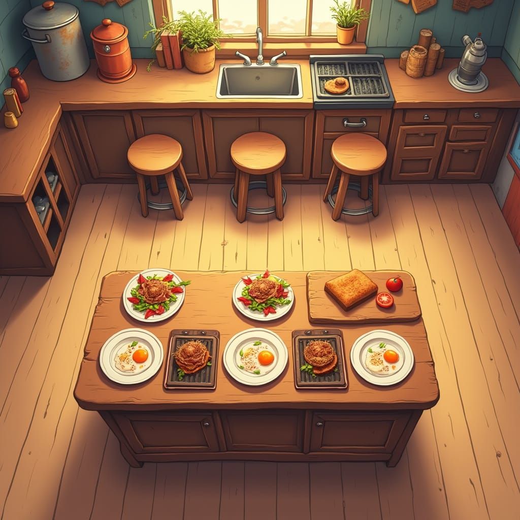Whimsical 2D Game Background with Cozy Kitchen Scene