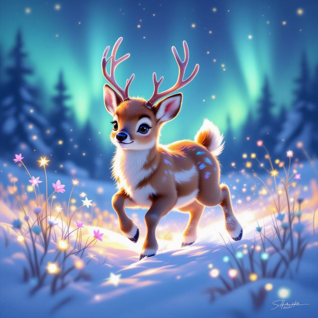 Playful Baby Reindeer Leaping Through Crystalline Snow Field