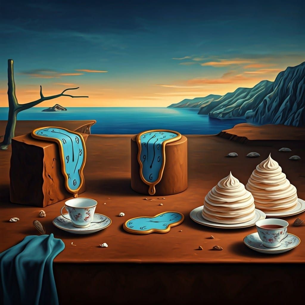Surreal Tea Party Dreamscape Inspired by Dali and Magritte