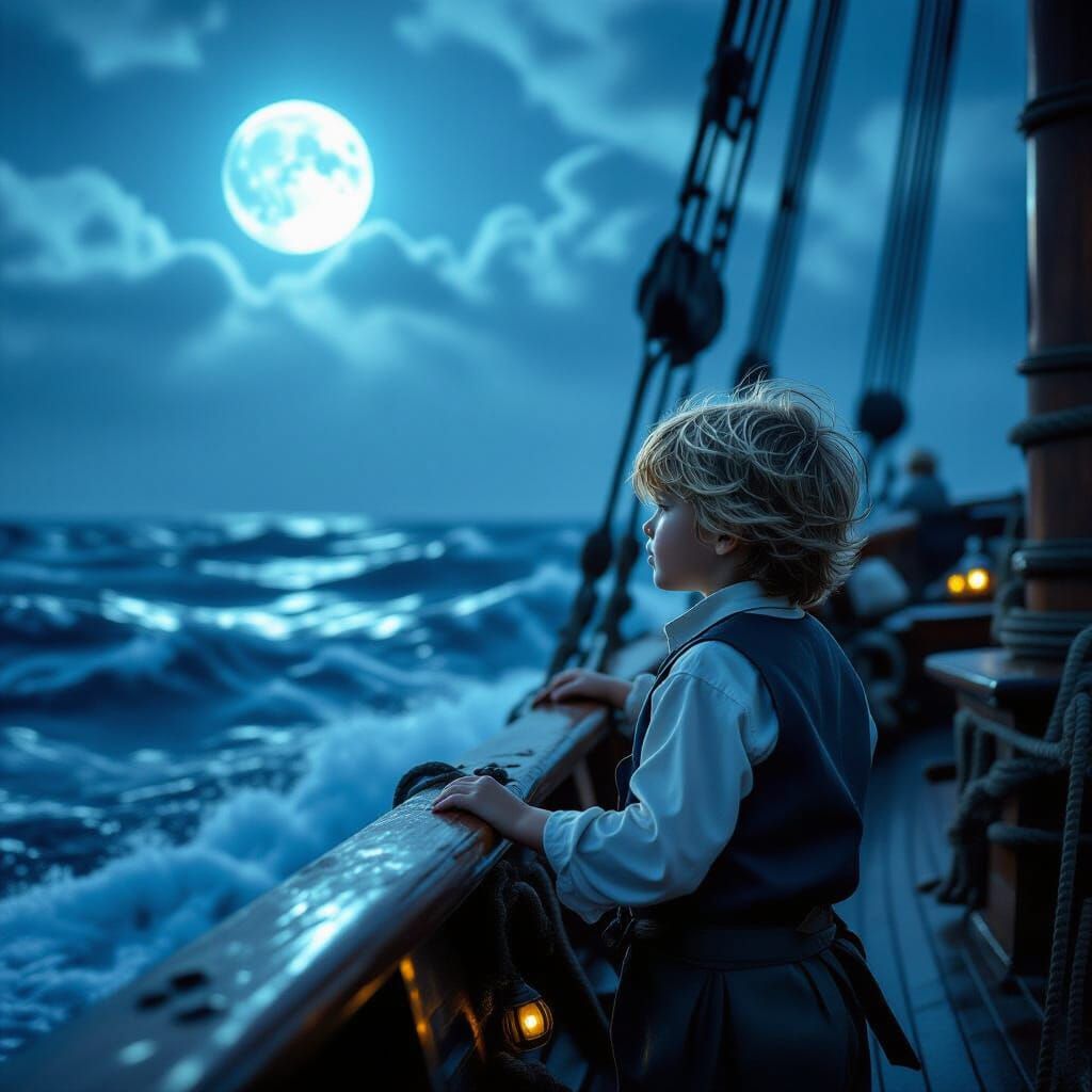Boy on Alien Sea Sailing Ship: Cinematic Still