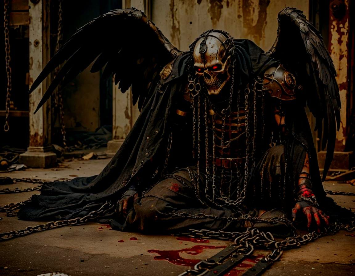Fallen Angel in Chains with Steampunk Engine