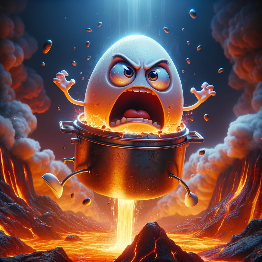 Furious Egg Character Tumbles into Fiery Volcano