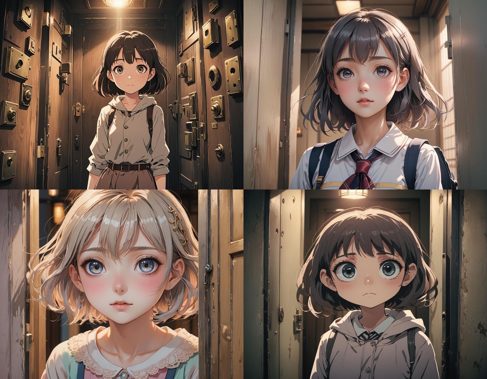 Anime Girl with Big Eyes Before Many Doors