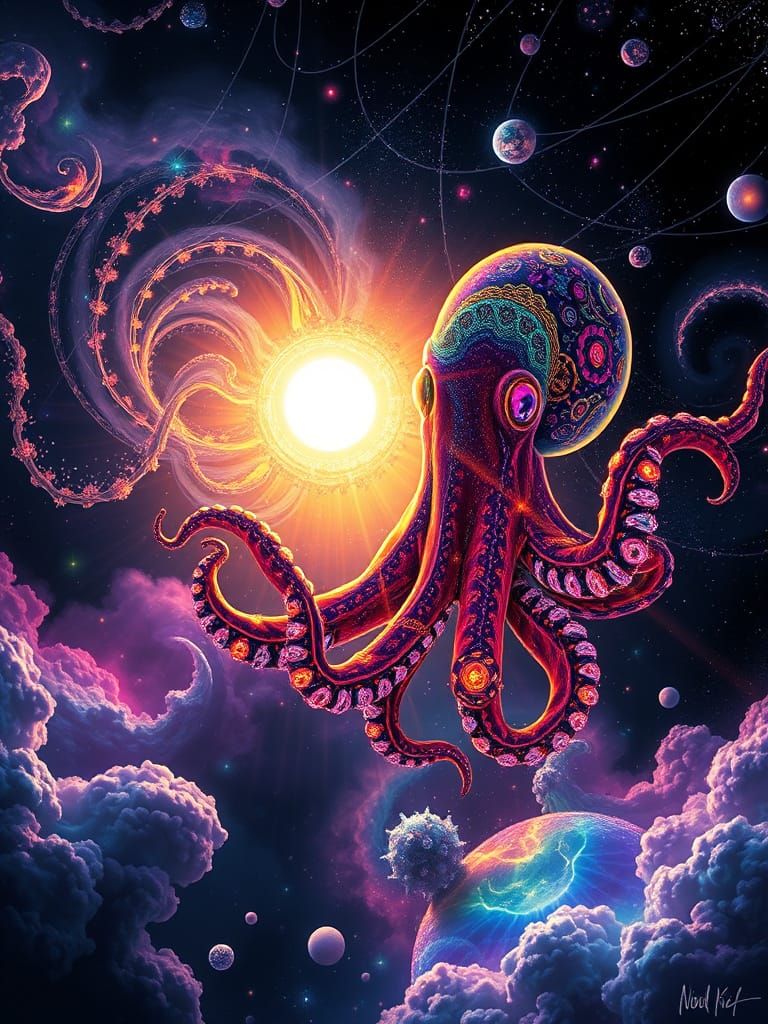 Bioluminescent Space Squid in Rainbow Solar System