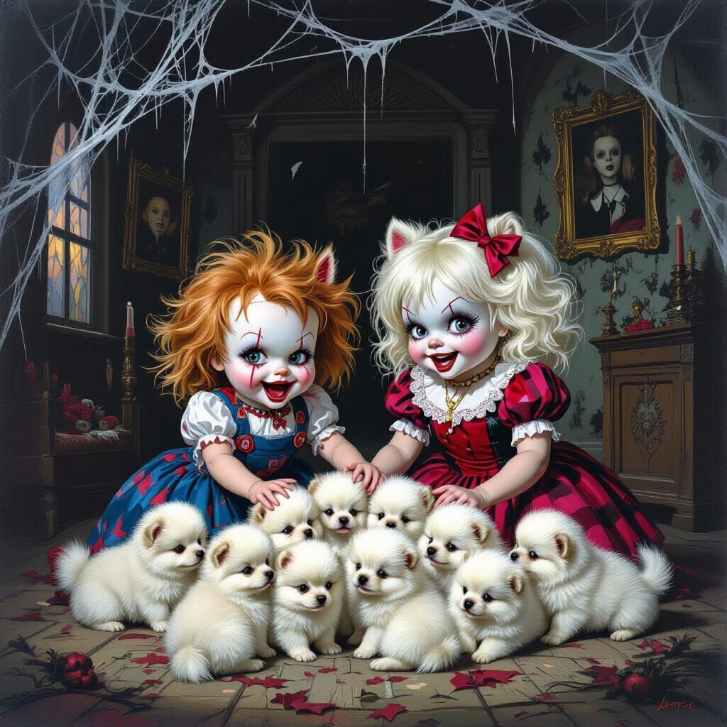 Chucky and Tiffany Play With Pomeranians in Haunted House