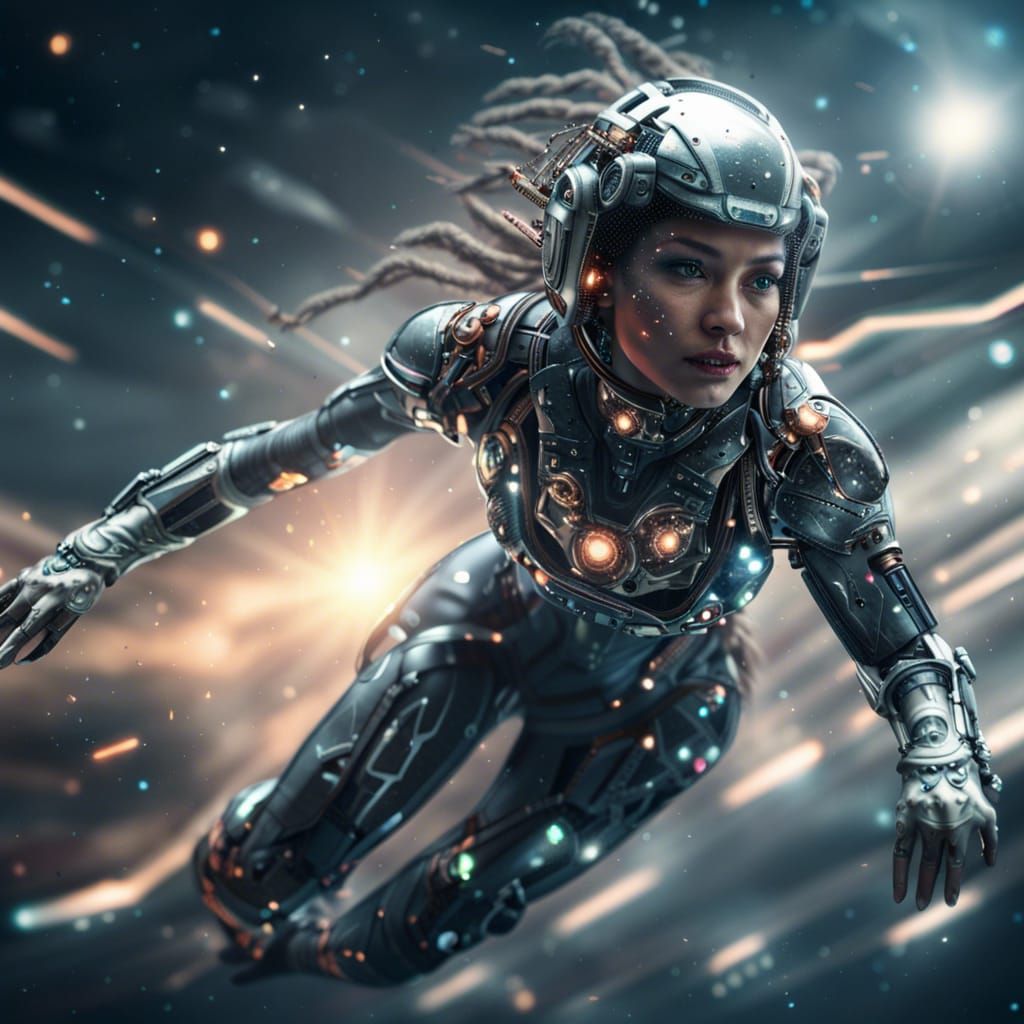 Cyborg's Spaceflight: Hyperrealistic Digital Art