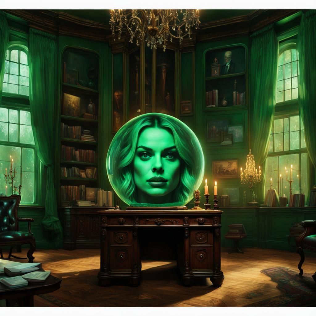 Green Holographic Margot Robbie in Victorian Study