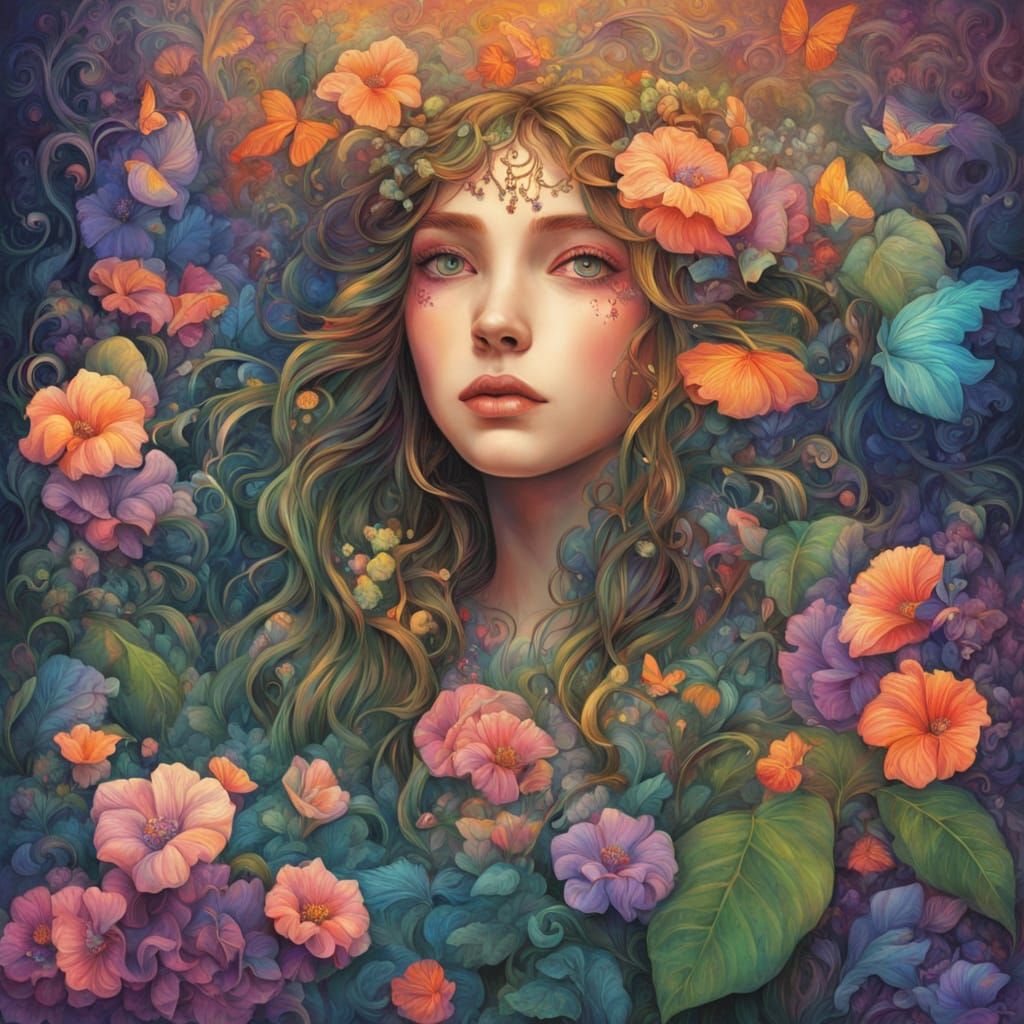 Mystical Tattooed Woman with Vines, Digital Art