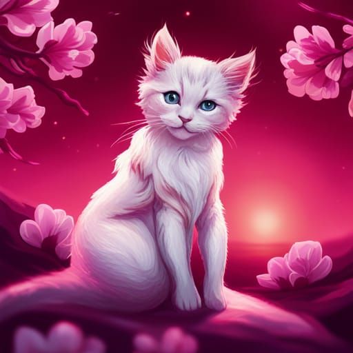 Mermaid Kitten in Sakura Pond, Digital Art