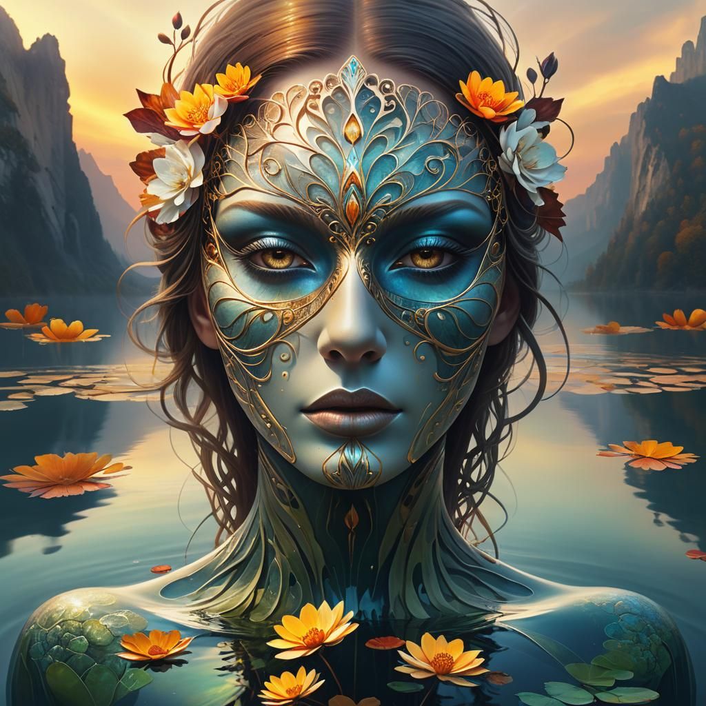 a woman standing on top of a body of water, digital art, ove...