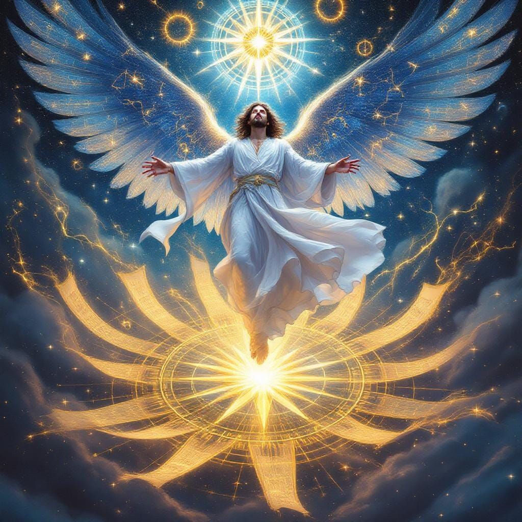 Celestial Being Above Cosmic Compass in Fantasy Style