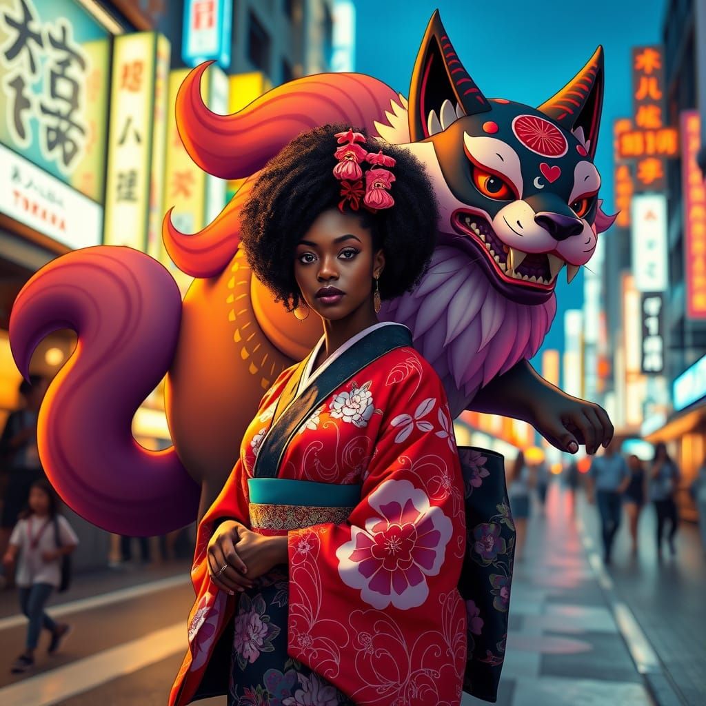 Woman and Kitsune in Neon Tokyo: Pop-Surrealist Style