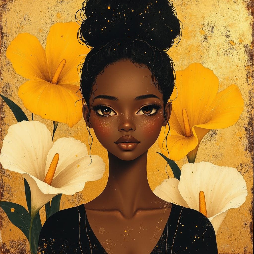 Captivating Black Girl Portrait with Golden Lilies