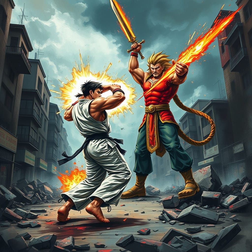 Epic Street Battle in Cyberpunk Style