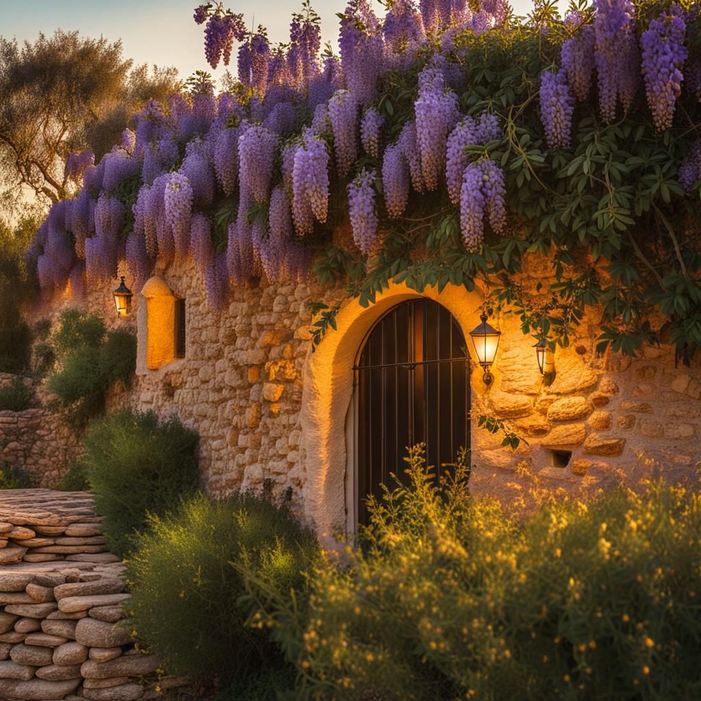Idyllic Trullo House with Wisteria in Golden Light