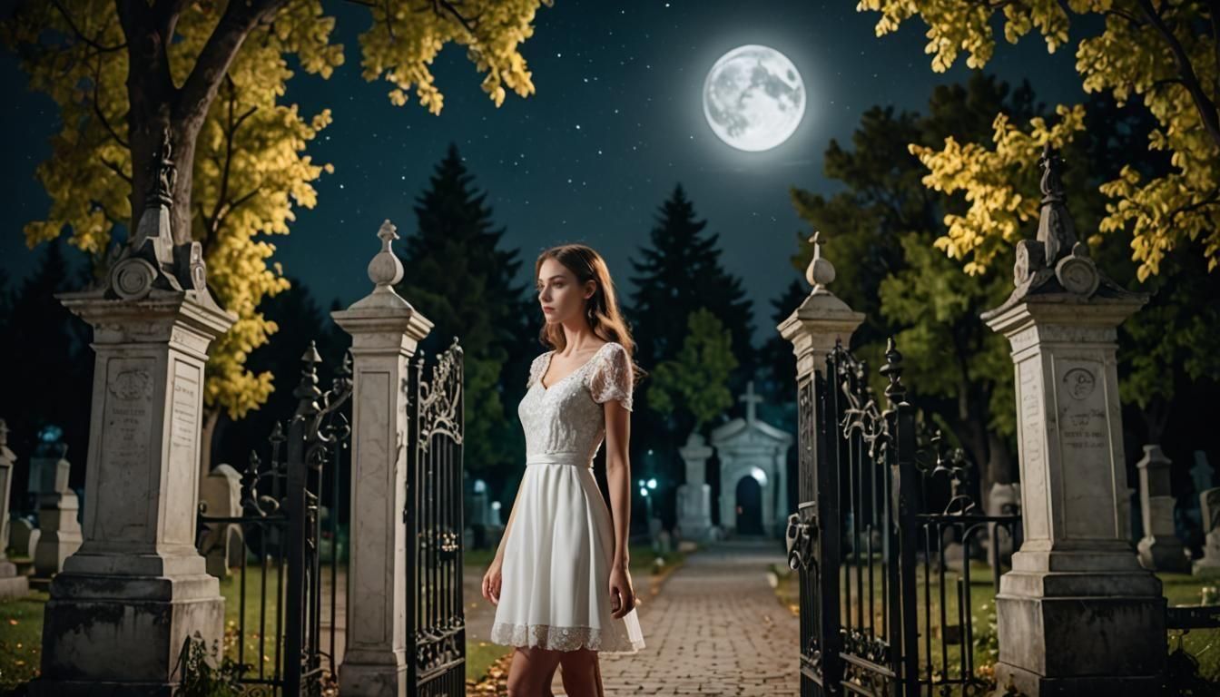 Elegant Woman at Cemetery Gate in Moonlight