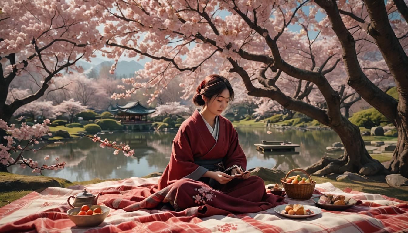 Cherry Blossom Picnic in Japanese Digital Art