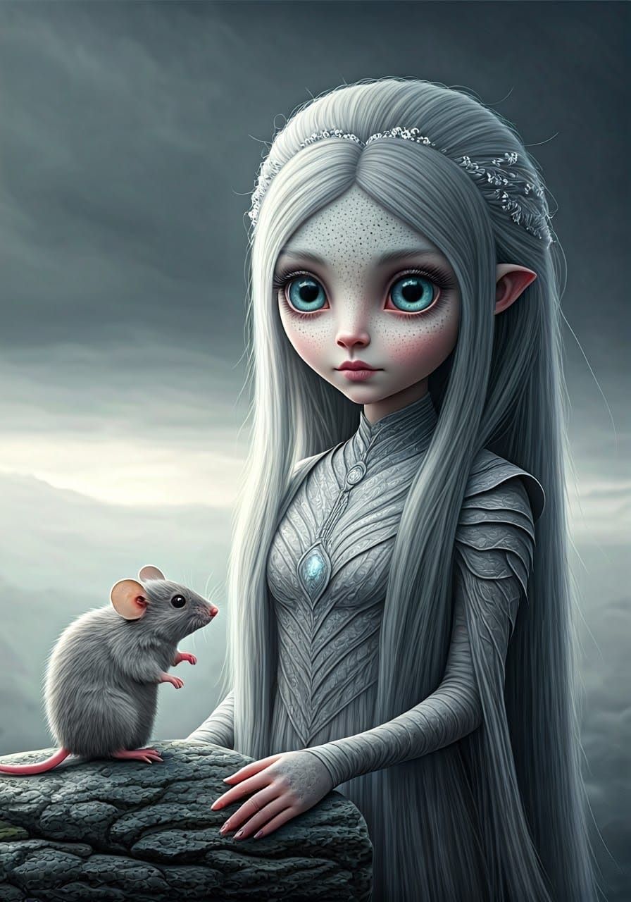 Gray Alien with Mouse on Stone