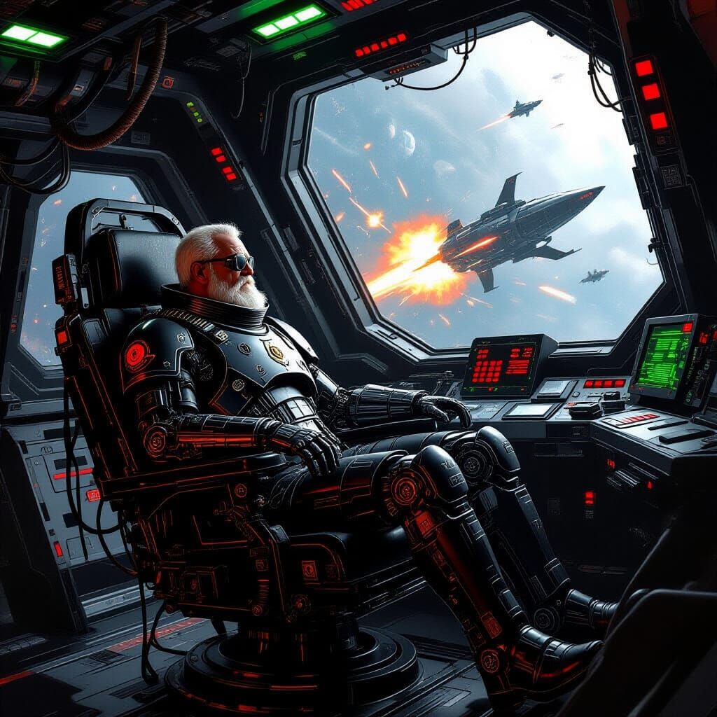 Space Admiral's Gothic Flight Chair Amidst Starship Battle
