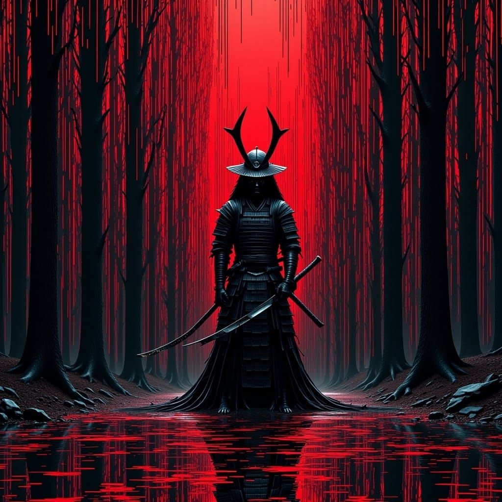 Glitched Samurai in a Dark Forest: Glitch Art
