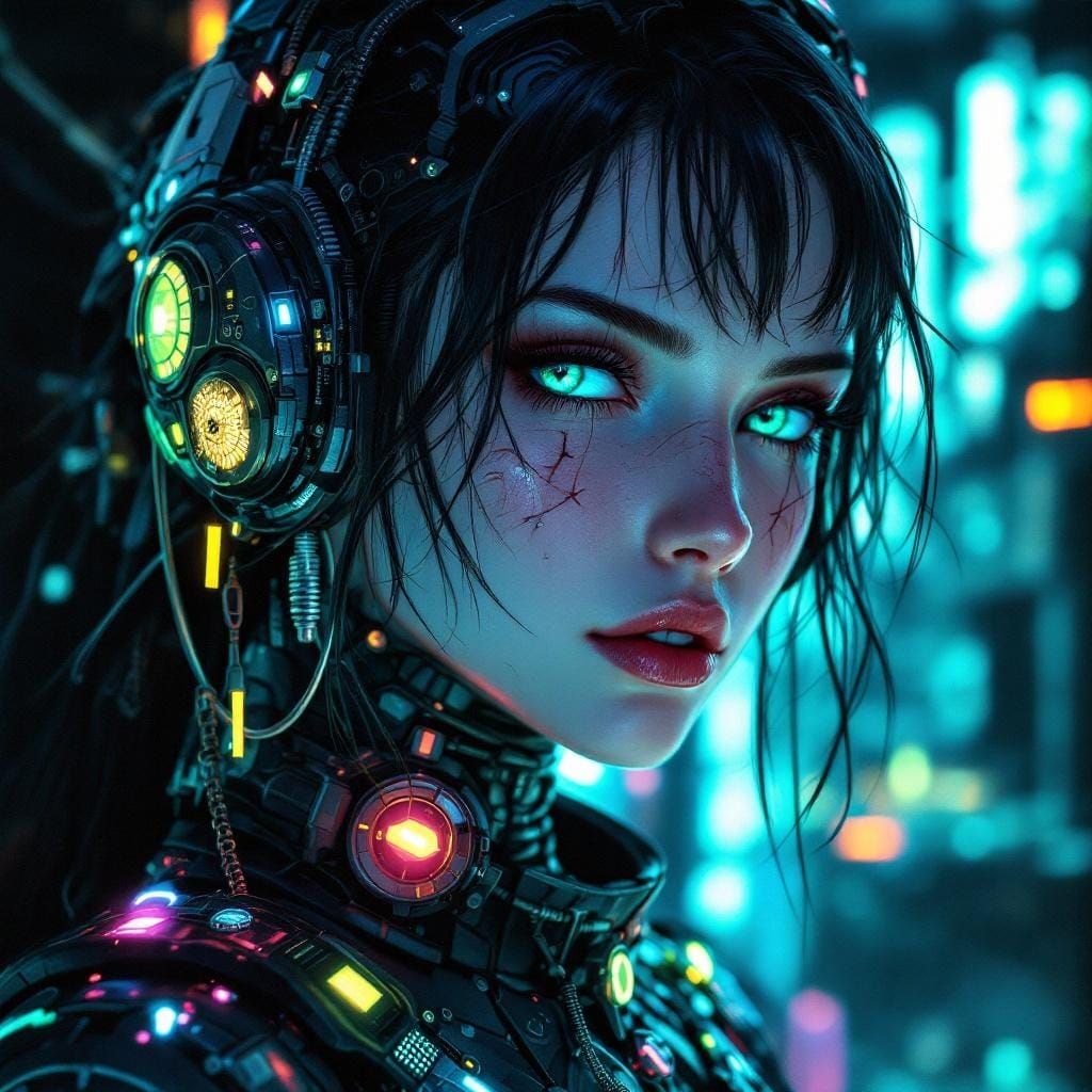 Cyberpunk Woman with Neon Tattoos in Anime Style