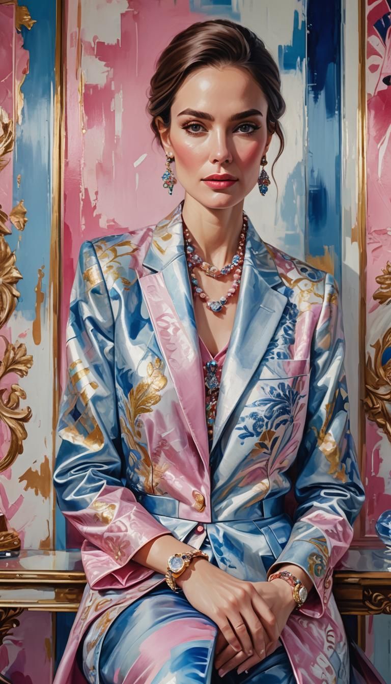 Elegant Woman in Modern Luxury Clothes, Oil Painting