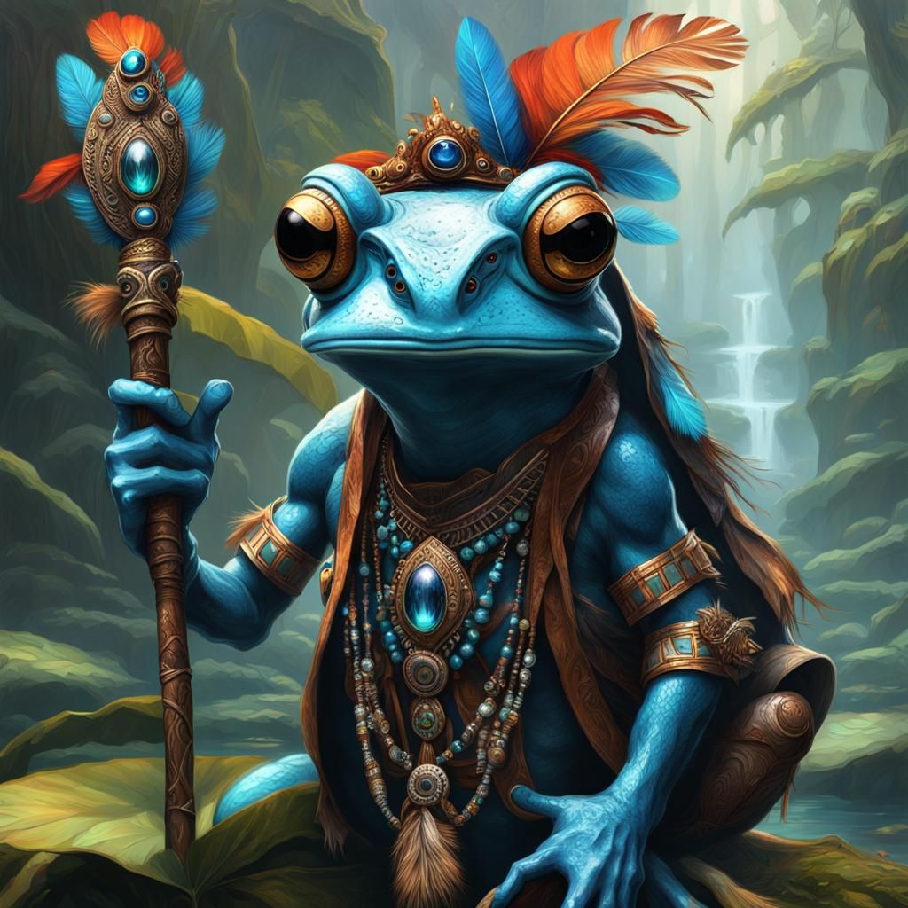 Humanoid Tree Frogs with Crystal Staffs in Dark Fantasy Styl...