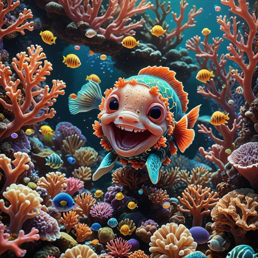 Smiling Coral Fish in Bioluminescent Reef: 3D Art