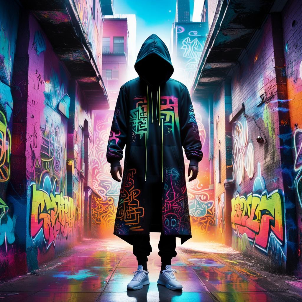 Mystical Figure in Graffiti Cityscape