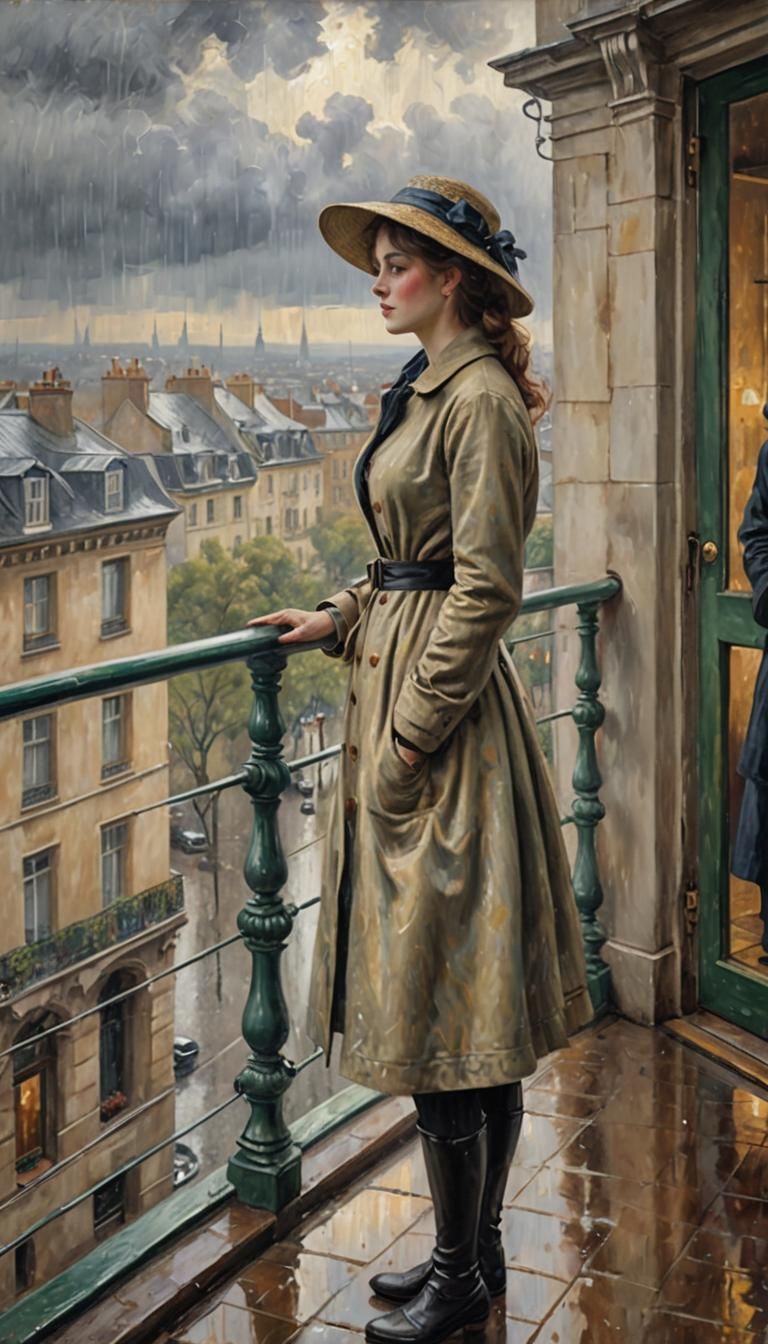 Rainy Urban Balcony View as Impressionist Oil Painting