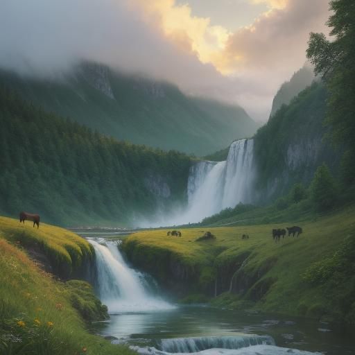 Horses at Tatra Waterfall: Romantic Landscape Photography