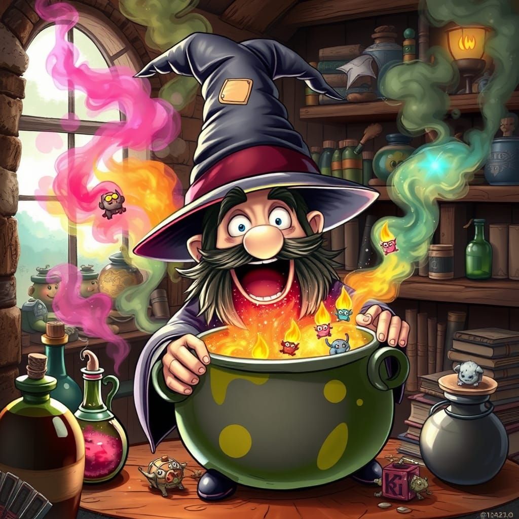 Clumsy Wizard's Potion Mishap in Enchanted Workshop