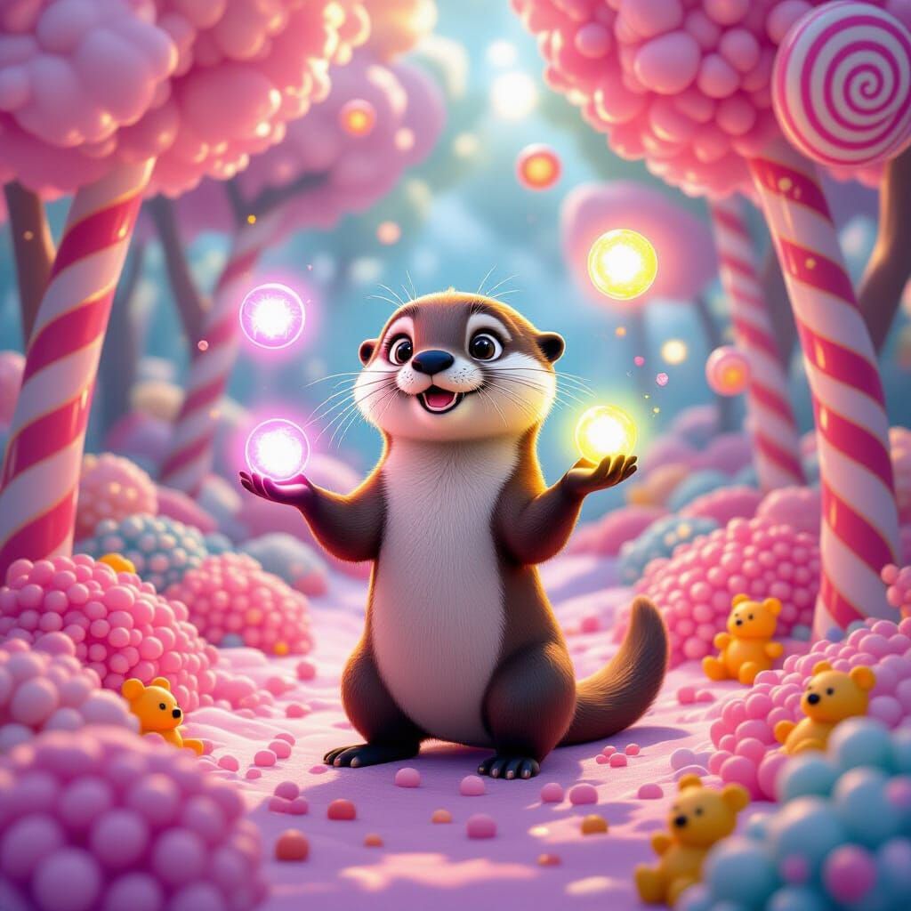 Playful Otter Juggling Orbs in Candy Forest