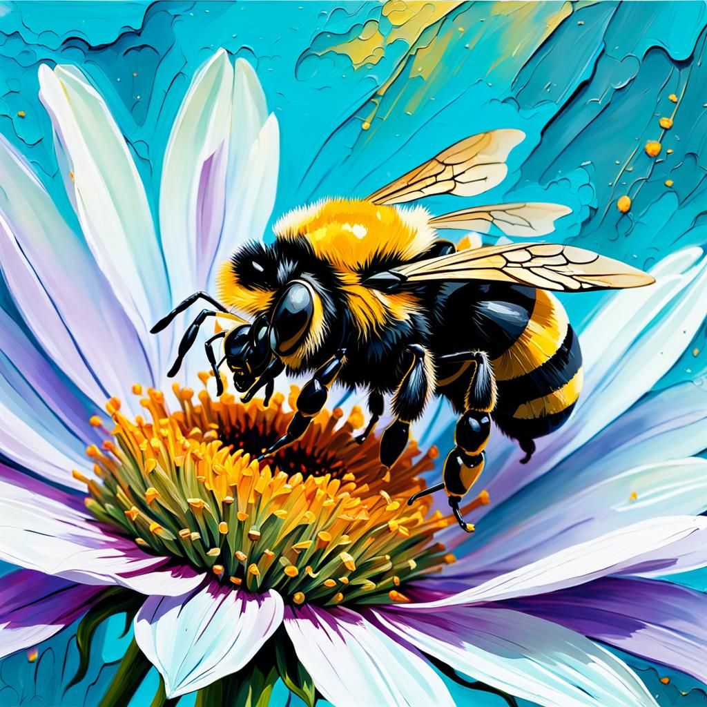 Bumble Bee on Flower as Impasto Abstract Art