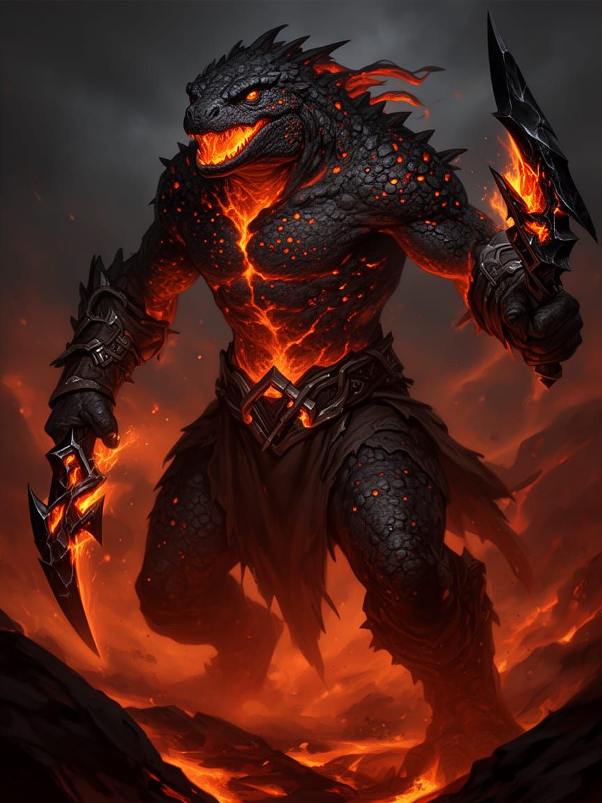 Volcanic Lizardfolk Warrior with Fiery Obsidian Blades