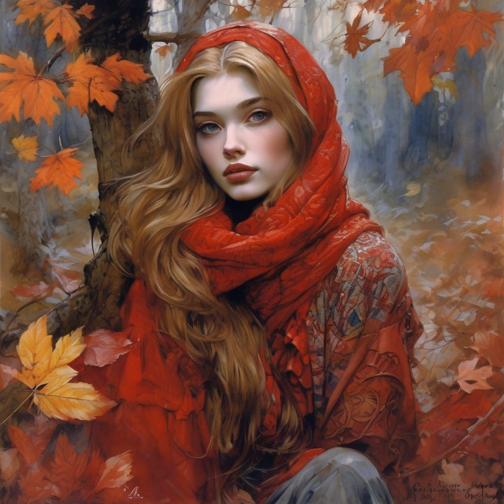 Redhaired Woman in Autumn Scarf as Watercolour Portrait