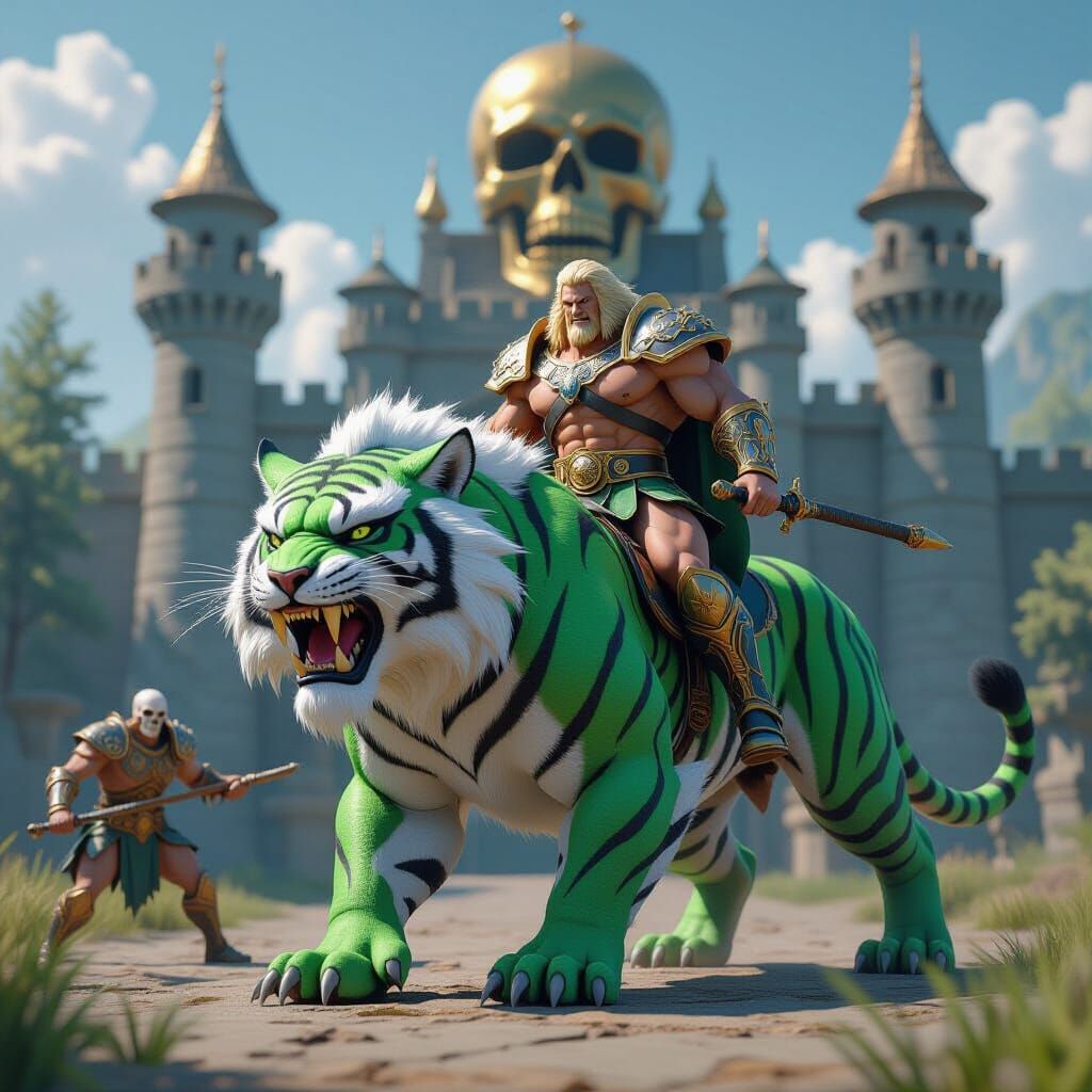 Barbarian and Tiger Battle Skeletal Wizard in 3D Anime Style