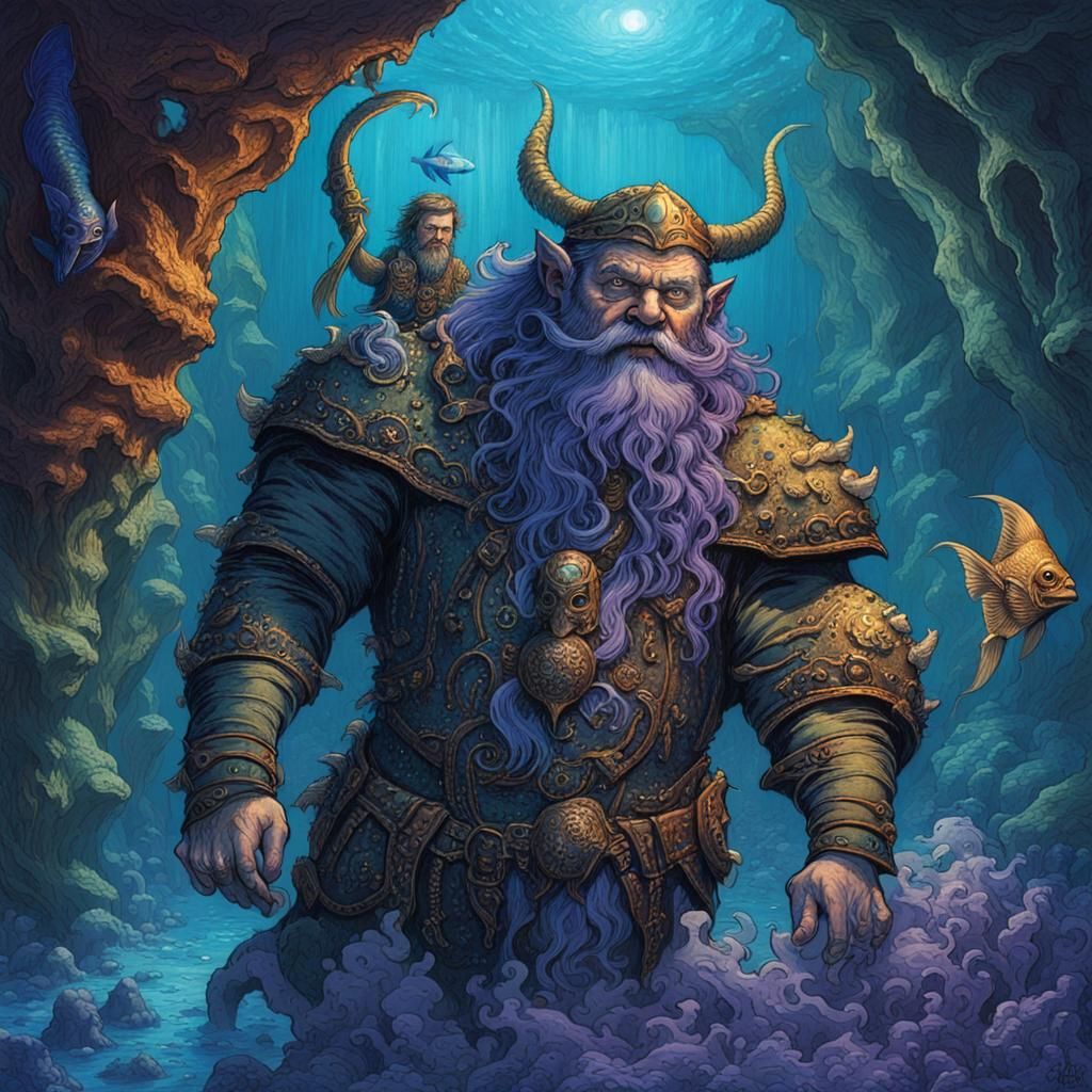 Mystical Dwarf in Bioluminescent Underwater Steampunk Cave
