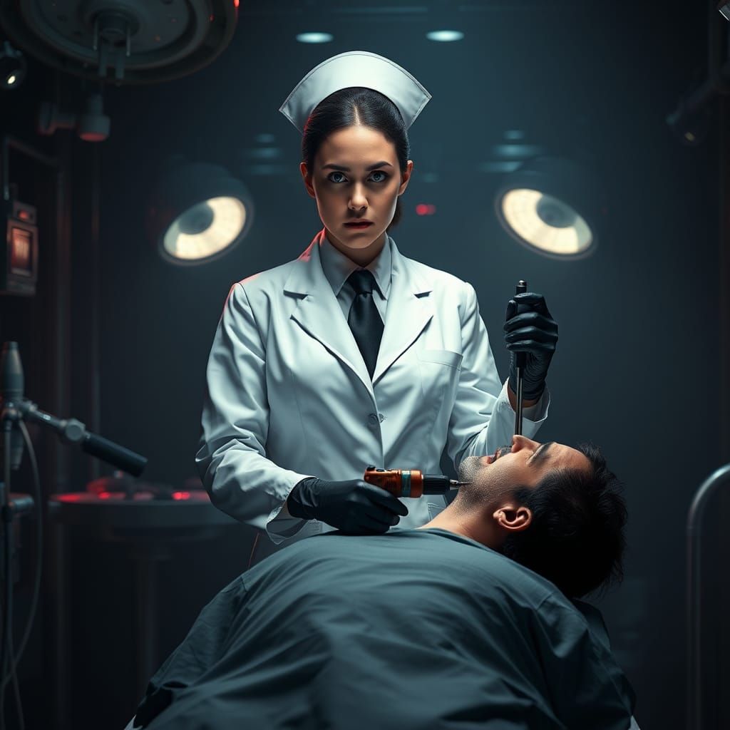 Nurse Ready to Operate with Drill in Dystopian Sci-Fi Style