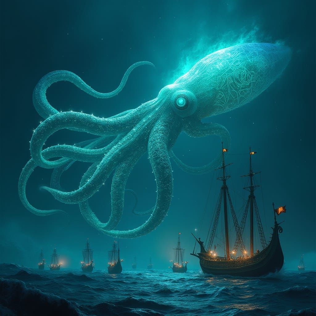 Bioluminescent Squid vs Viking Ships in Abyssal Depths