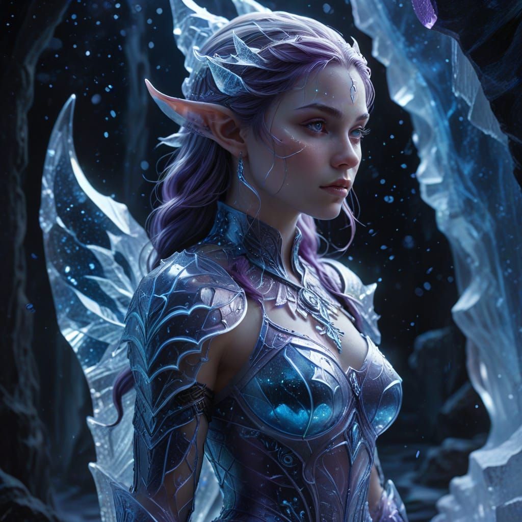 Ice Elf Warrior Sculpture Bathed in Celestial Light