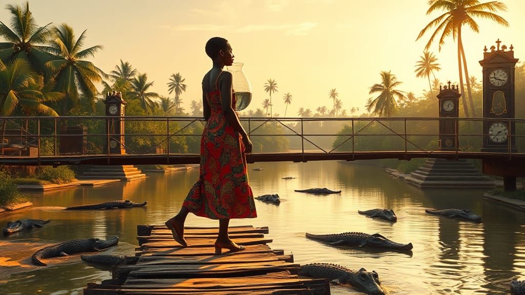 African Woman Crossing Bridge with Submerged Clocks