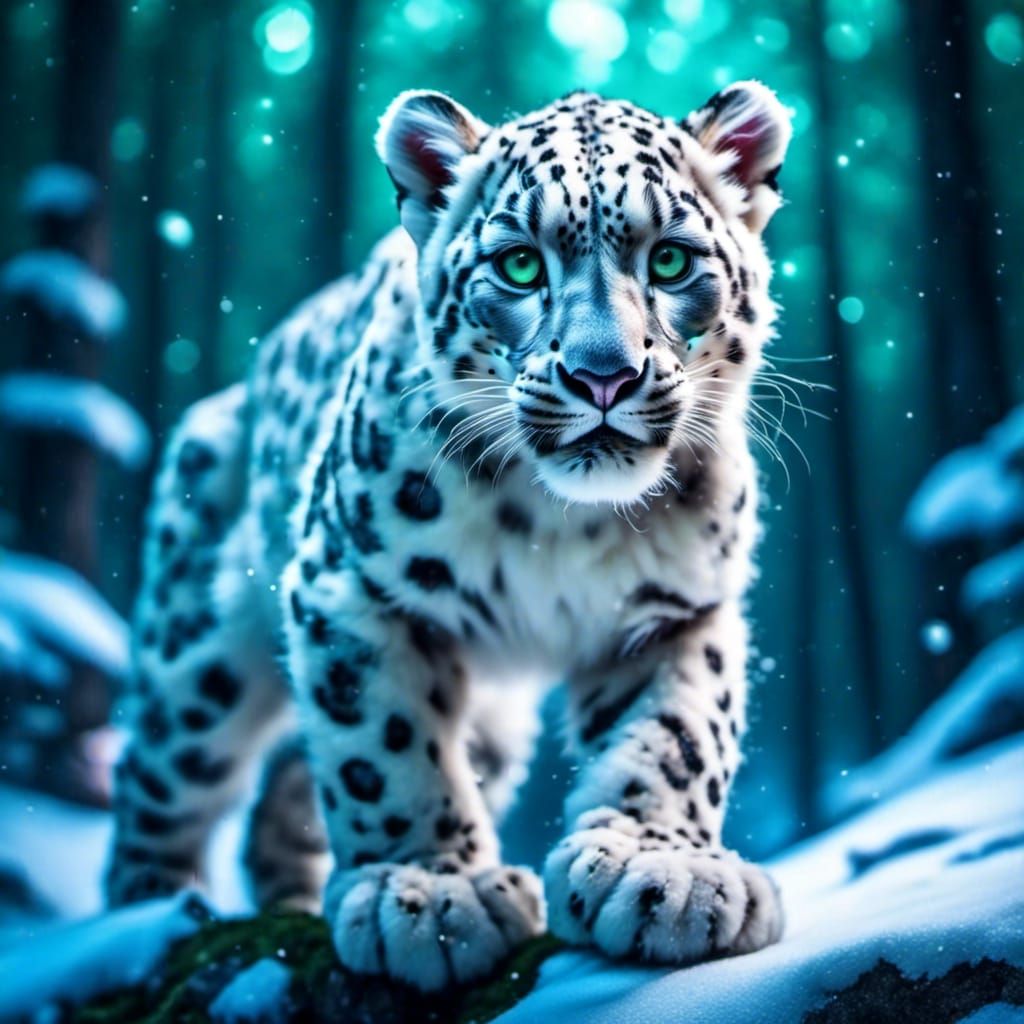 Leaping White Snow Leopard Action Shot