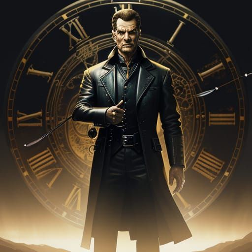 Time Traveler with Glowing Clock Gears in Sci-Fi Lab