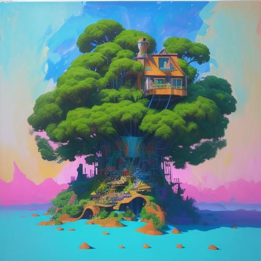 Surreal Jupiter Treehouse with Impasto Oil Textures