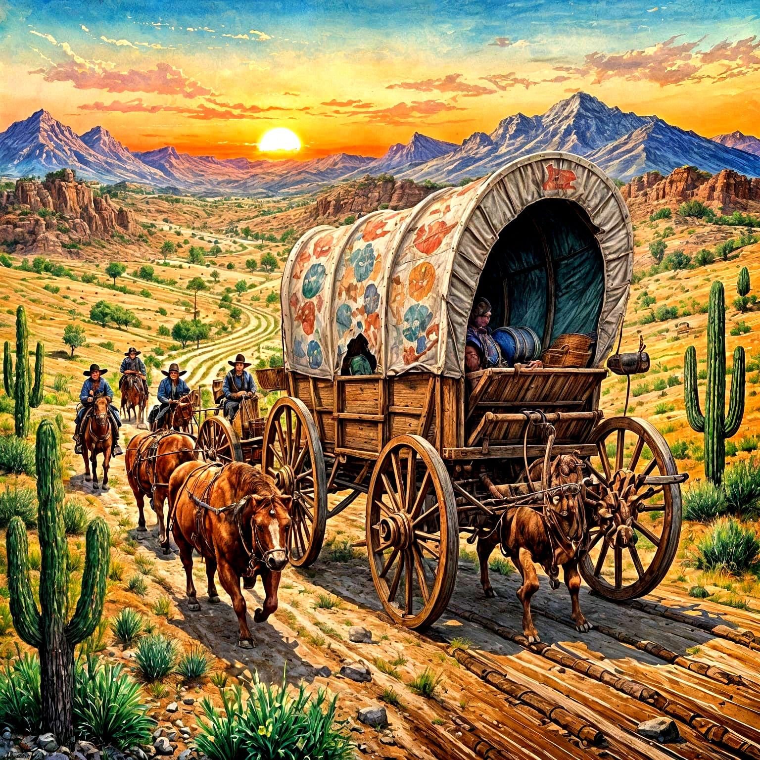 An old western conestoga wagon on the Oregon trail.